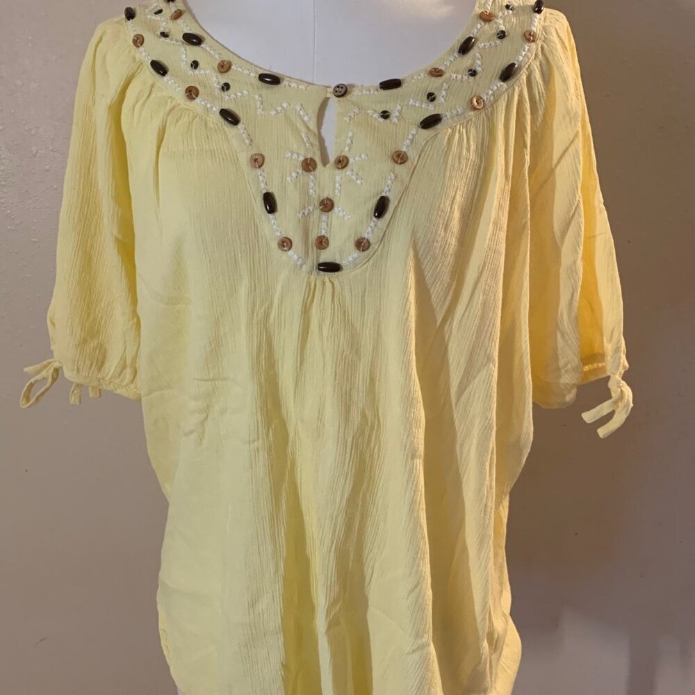Art & Soul women's M bohemian beaded tie-sleeve flowy yellow tunic blouse